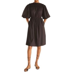 Rebecca Taylor Smocked Cotton Midi Dress Black Puff Sleeve Pockets - Size Large